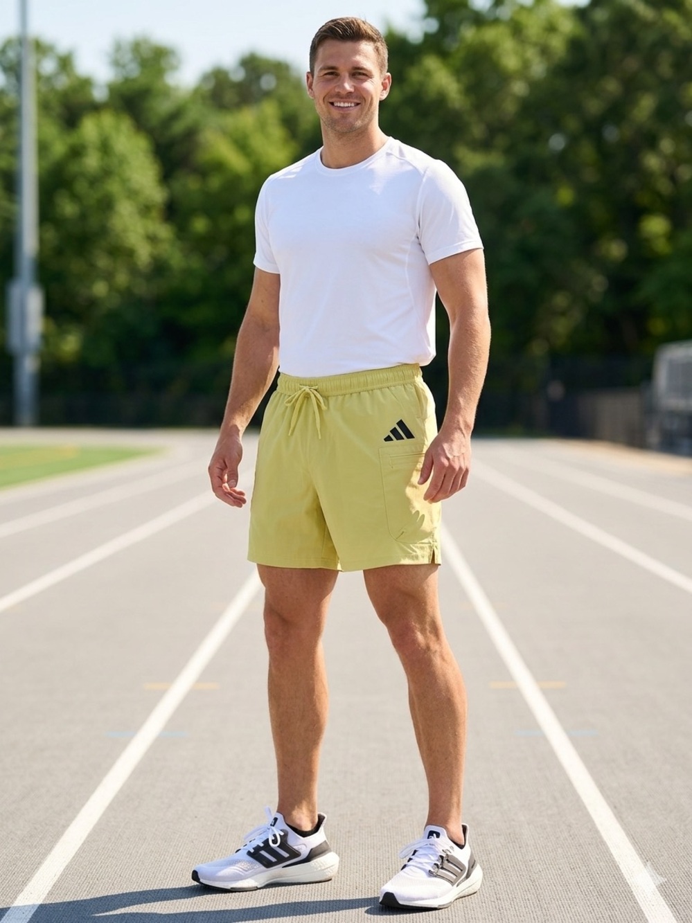 adidas Men's Light Beige Athletic Shorts with Logo/Yelow color